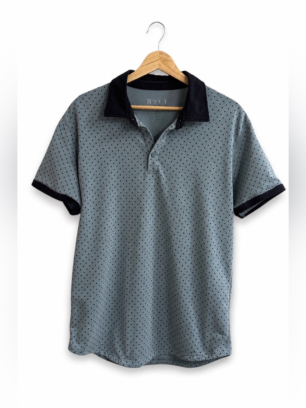 BYLT Performance Polo Shirt Blue & Navy Polka Dot Short Sleeve Men’s Size M